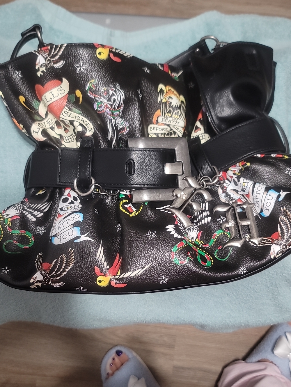 Ed Hardy Black Tattoo-Print Leather Crossbody Bag with Silver Hardware